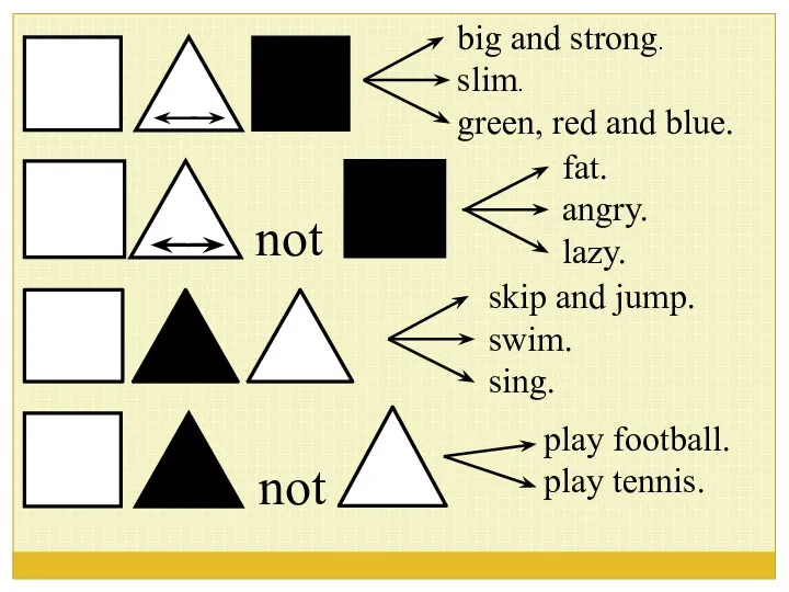 big and strong. slim. green, red and blue. fat. angry.