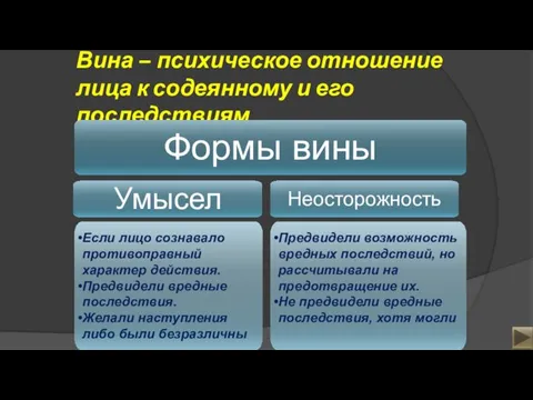 Вина – психическое отношение лица к содеянному и его последствиям