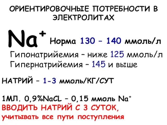 ОРИЕНТИРОВОЧНЫЕ ПОТРЕБНОСТИ В ЭЛЕКТРОЛИТАХ НАТРИЙ – 1-3 ммоль/КГ/СУТ 1МЛ. 0,9%NaCL