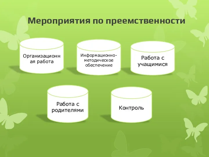 Мероприятия по преемственности Организационная работа Информационно-методическое обеспечение Работа с учащимися Работа с родителями Контроль