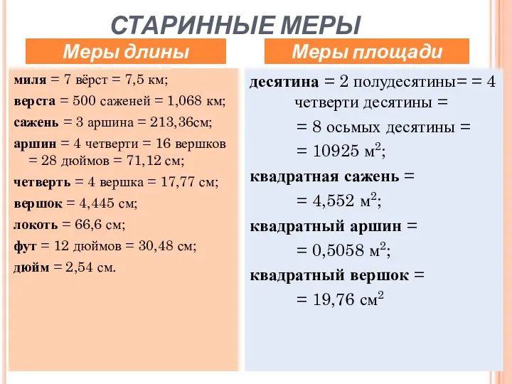 СТАРИННЫЕ МЕРЫ Меры длины миля = 7 вёрст = 7,5