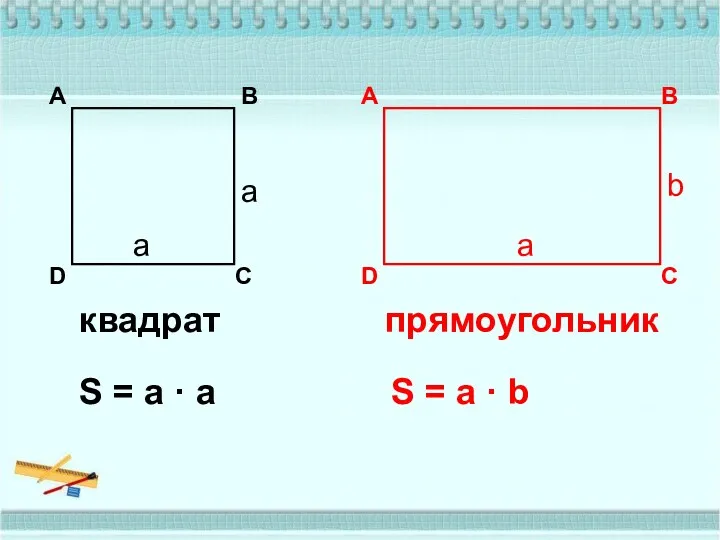 S = а · а квадрат А В С D прямоугольник S =