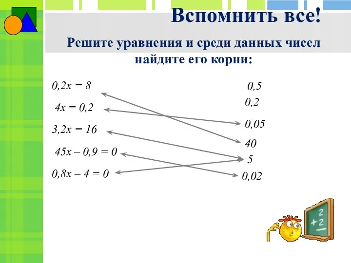 Решите уравнения и среди данных чисел найдите его корни: 0,2х