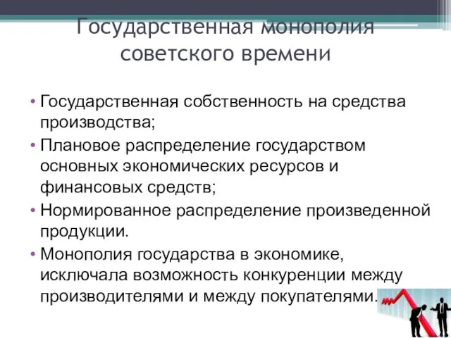 Государственная монополия советского времени Государственная собственность на средства производства; Плановое