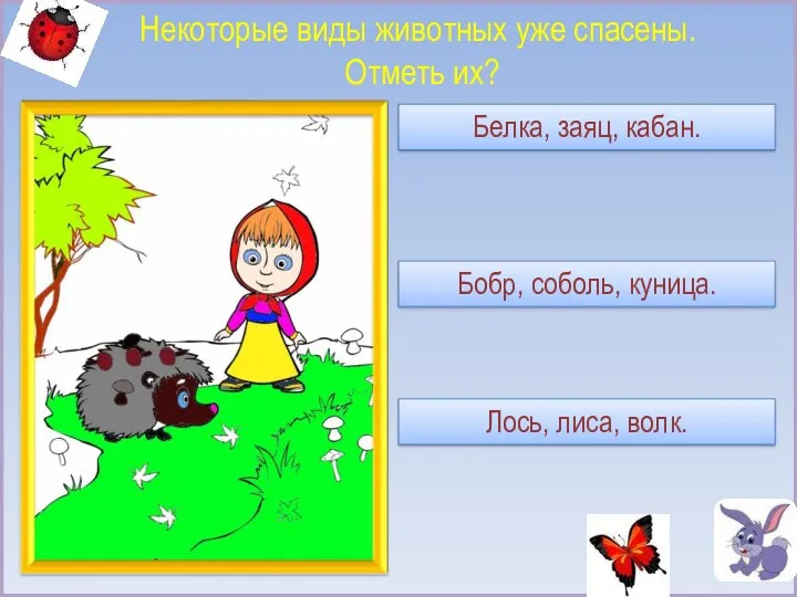 Некоторые виды животных уже спасены. Отметь их? Белка, заяц, кабан. Бобр, соболь, куница. Лось, лиса, волк.