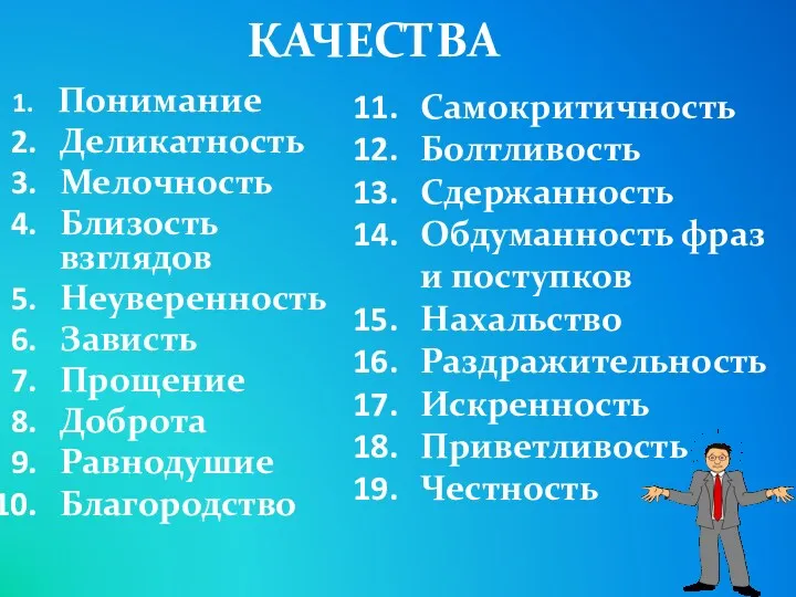 КАЧЕСТВА Понимание Деликатность Мелочность Близость взглядов Неуверенность Зависть Прощение Доброта