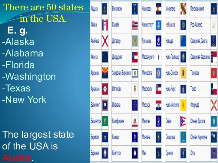 There are 50 states in the USA. E. g. -Alaska