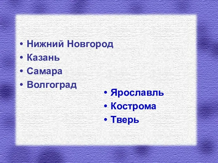 Нижний Новгород Казань Самара Волгоград Ярославль Кострома Тверь