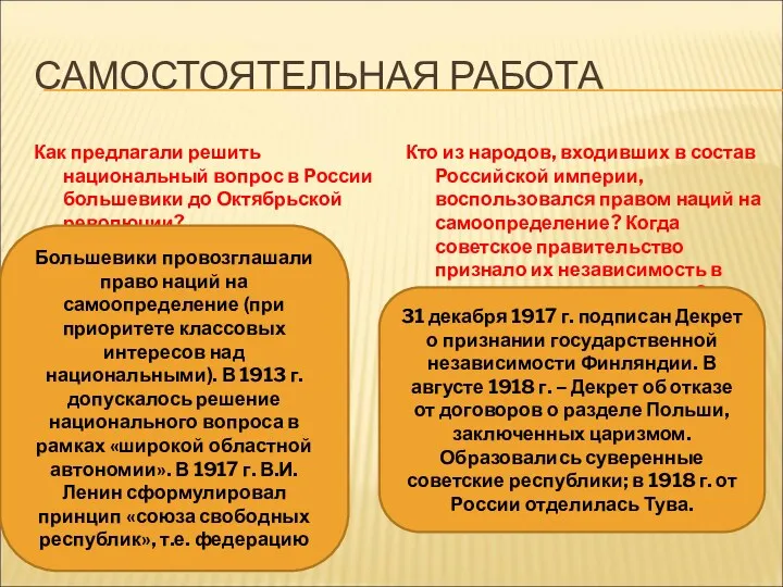 САМОСТОЯТЕЛЬНАЯ РАБОТА Как предлагали решить национальный вопрос в России большевики