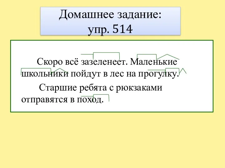 Домашнее задание: упр. 514 Скоро всё зазеленеет. Маленькие школьники пойдут