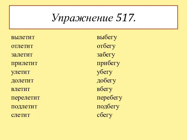 Упражнение 517. вылетит отлетит залетит прилетит улетит долетит влетит перелетит