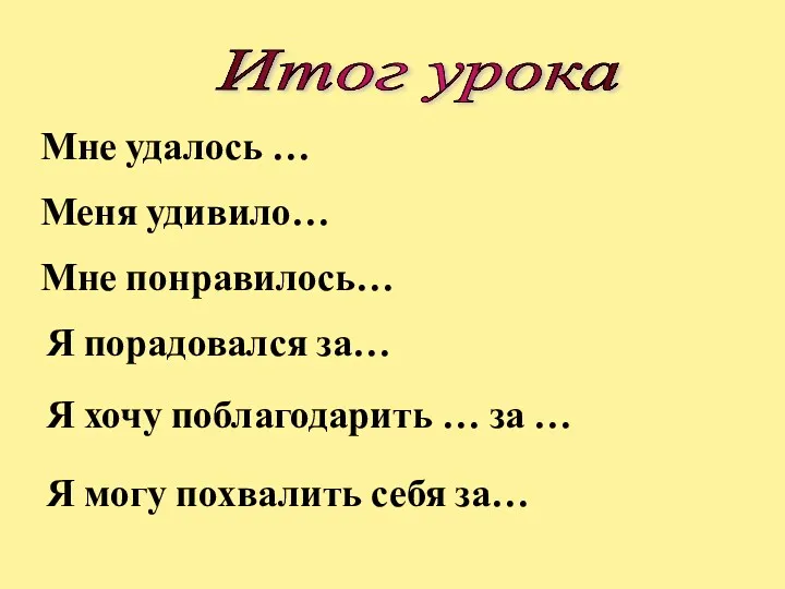 Мне удалось … Меня удивило… Я порадовался за… Я хочу