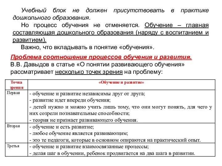 Учебный блок не должен присутствовать в практике дошкольного образования. Но