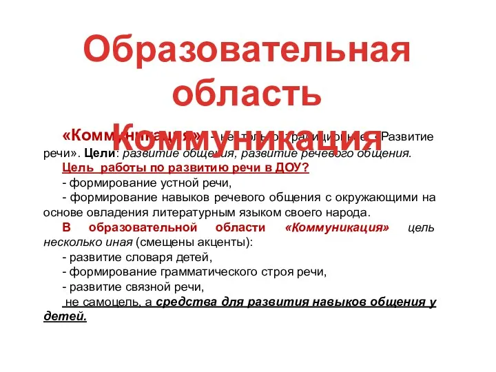 «Коммуникация» - не только традиционное «Развитие речи». Цели: развитие общения,