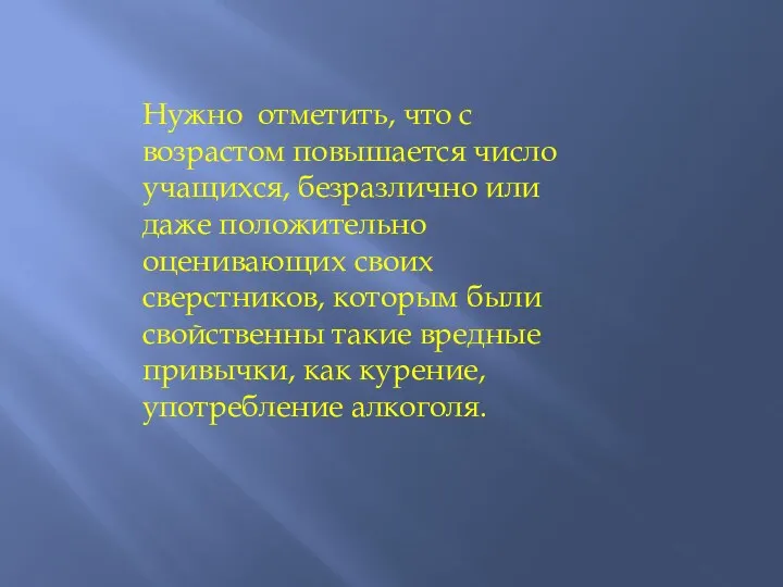 Нужно отметить, что с возрастом повышается число учащихся, безразлично или даже положительно оценивающих