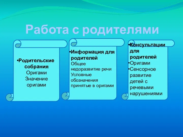 Работа с родителями Родительские собрания Оригами Значение оригами Информация для