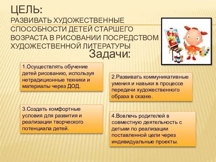 ЦЕЛЬ: Развивать художественные способности детей старшего возраста в рисовании посредством