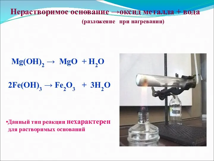 Нерастворимое основание →оксид металла + вода (разложение при нагревании) Mg(OH)2