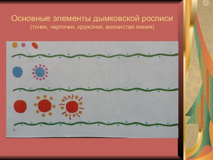 Основные элементы дымковской росписи (точки, черточки, кружочки, волнистая линия)