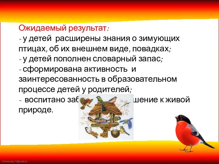 Ожидаемый результат: - у детей расширены знания о зимующих птицах, об их внешнем