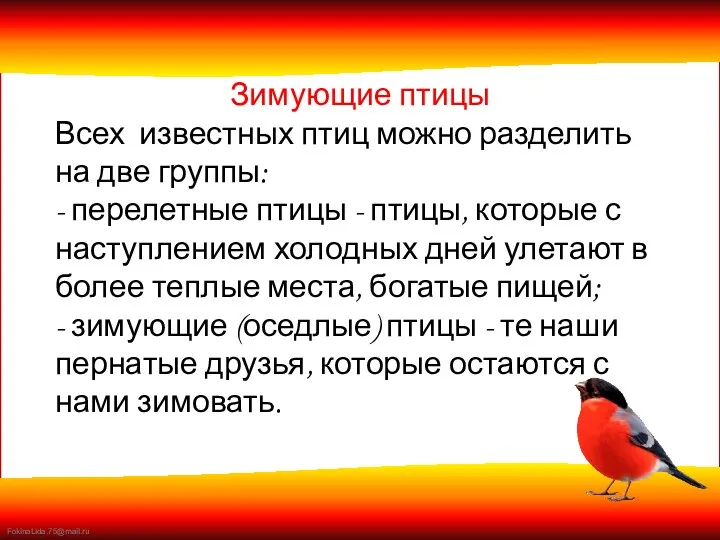 Зимующие птицы Всех известных птиц можно разделить на две группы: - перелетные птицы