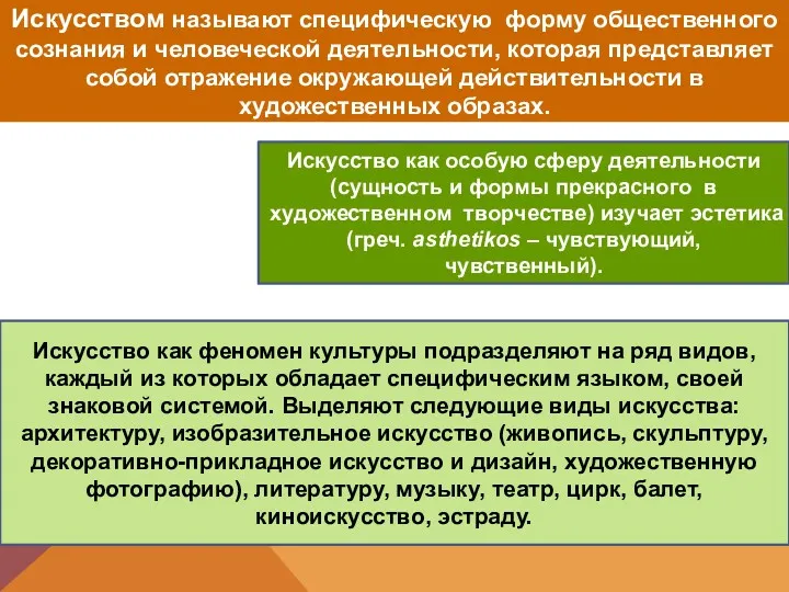 Искусством называют специфическую форму общественного сознания и человеческой деятельности, которая