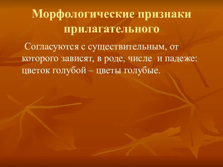 Морфологические признаки прилагательного Согласуются с существительным, от которого зависят, в