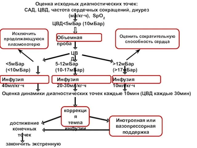 Инотропная или вазопрессорная поддержка ЦВД Объемная проба ЦВД 5-12мБар (10-17мБар)