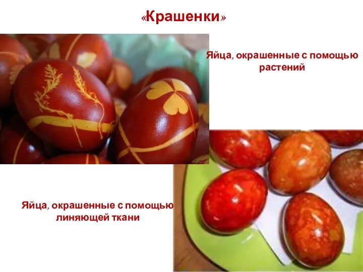 «Крашенки» Яйца, окрашенные с помощью растений Яйца, окрашенные с помощью линяющей ткани