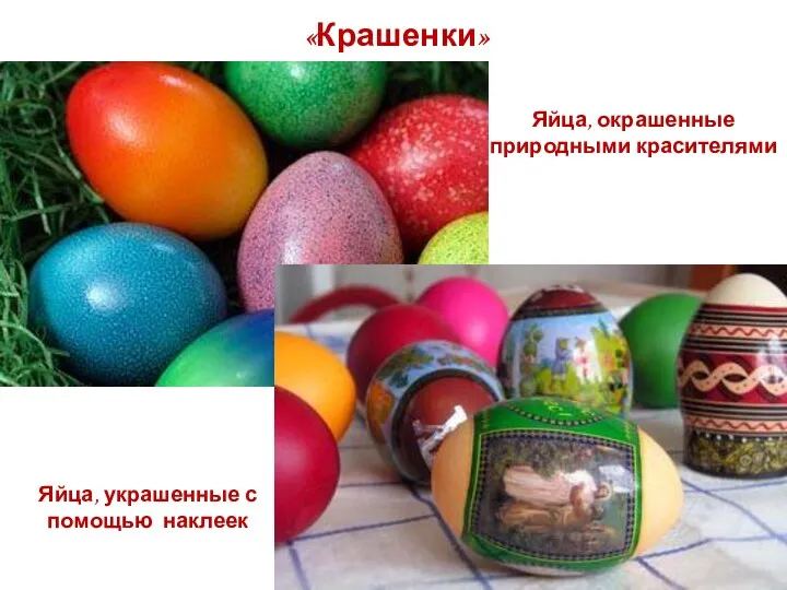 «Крашенки» Яйца, окрашенные природными красителями Яйца, украшенные с помощью наклеек