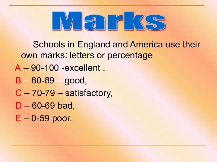 Schools in England and America use their own marks: letters or percentage A