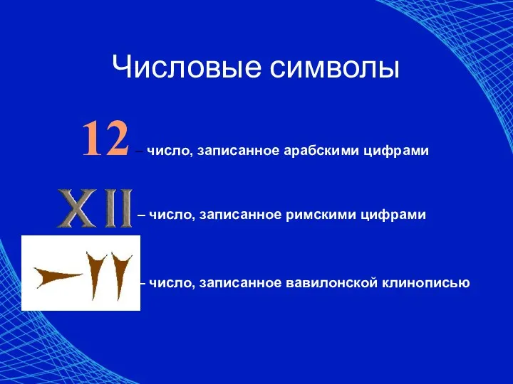 Числовые символы 12 – число, записанное арабскими цифрами – число,
