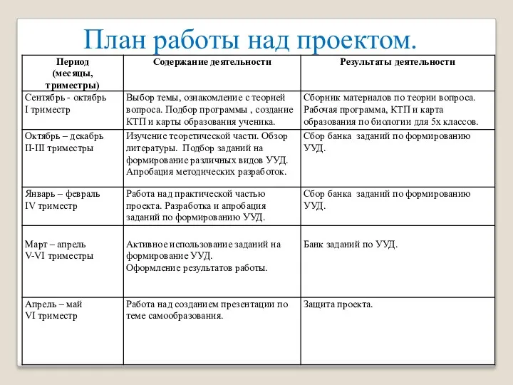 План работы над проектом.