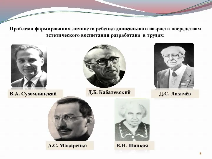 Проблема формирования личности ребенка дошкольного возраста посредством эстетического воспитания разработана в трудах: В.А.