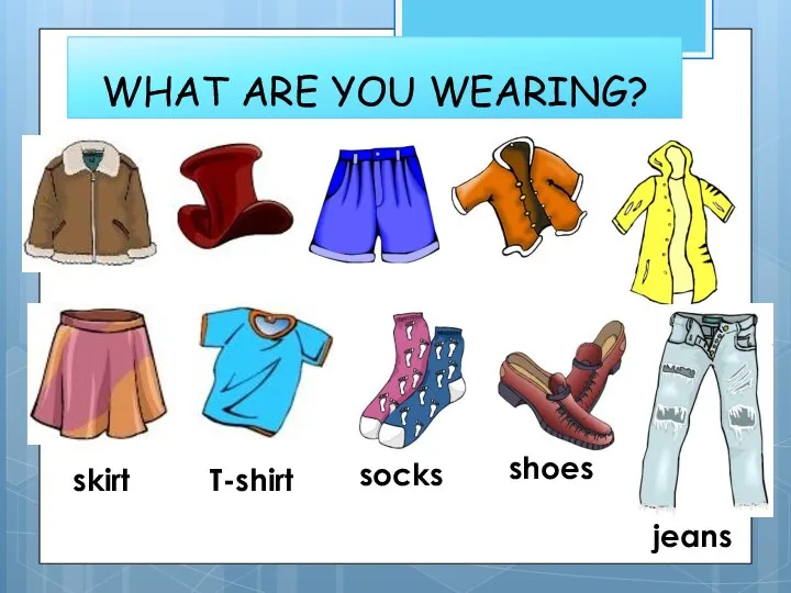 WHAT ARE YOU WEARING? skirt T-shirt socks shoes jeans