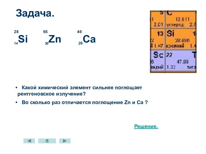 Задача. 14Si 30Zn 20Ca 28 65 40 Какой химический элемент