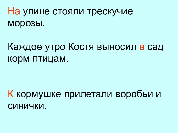 На улице стояли трескучие морозы. Каждое утро Костя выносил в