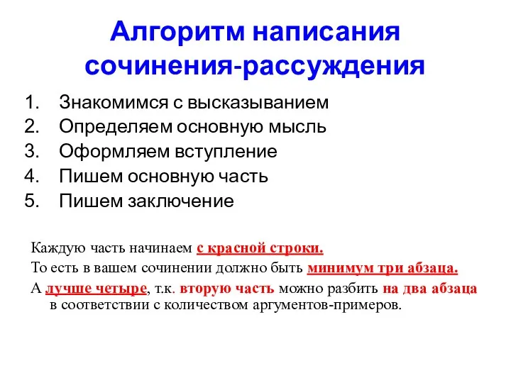 Алгоритм написания сочинения-рассуждения Знакомимся с высказыванием Определяем основную мысль Оформляем