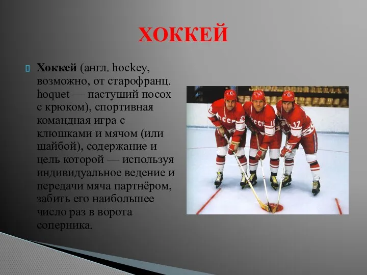 Хоккей (англ. hockey, возможно, от старофранц. hoquet — пастуший посох с крюком), спортивная