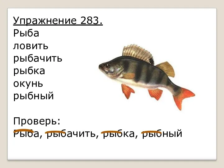 Упражнение 283. Рыба ловить рыбачить рыбка окунь рыбный Проверь: Рыба, рыбачить, рыбка, рыбный