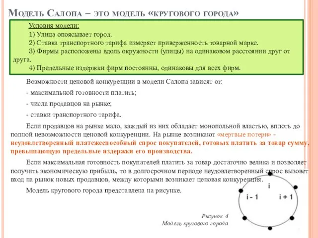 Модель Салопа – это модель «кругового города» Возможности ценовой конкуренции