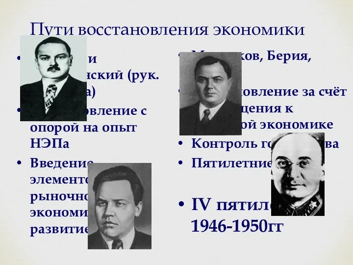 Пути восстановления экономики Жданов и Вознесенский (рук. Госплана) Восстановление с