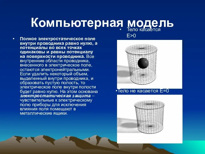 Компьютерная модель Полное электростатическое поле внутри проводника равно нулю, а