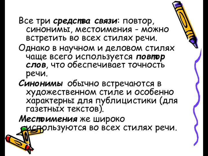 Все три средства связи: повтор, синонимы, местоимения - можно встретить