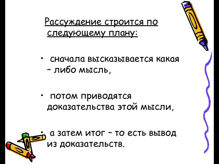 Рассуждение строится по следующему плану: сначала высказывается какая – либо