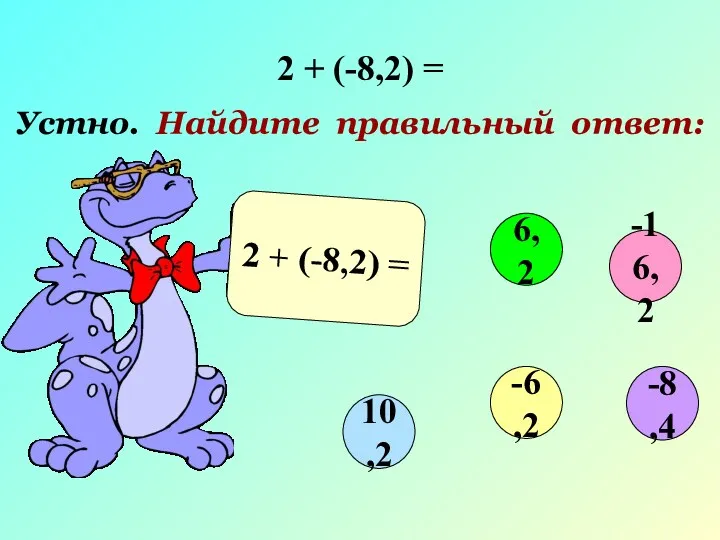 2 + (-8,2) = Устно. Найдите правильный ответ: 2 + (-8,2) = -16,2