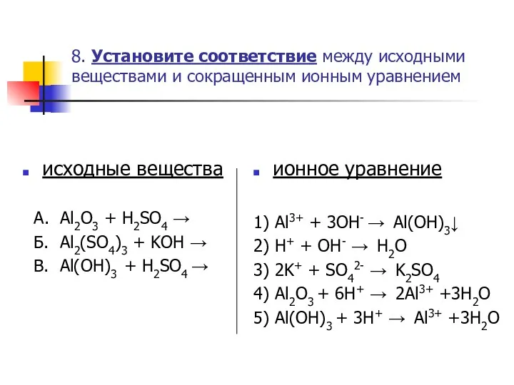 8. Установите соответствие между исходными веществами и сокращенным ионным уравнением исходные вещества А.