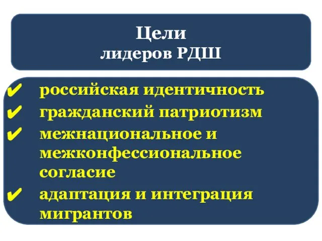 Цели лидеров РДШ российская идентичность гражданский патриотизм межнациональное и межконфессиональное согласие адаптация и интеграция мигрантов