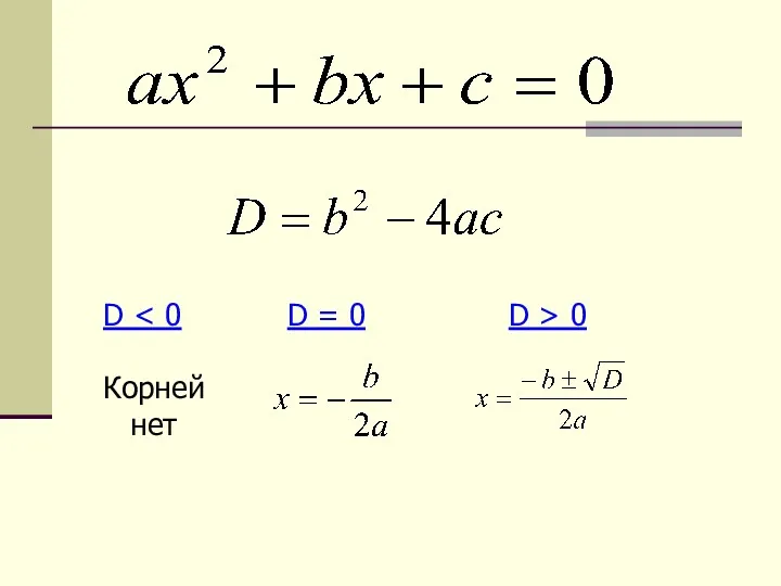 D Корней нет D = 0 D > 0