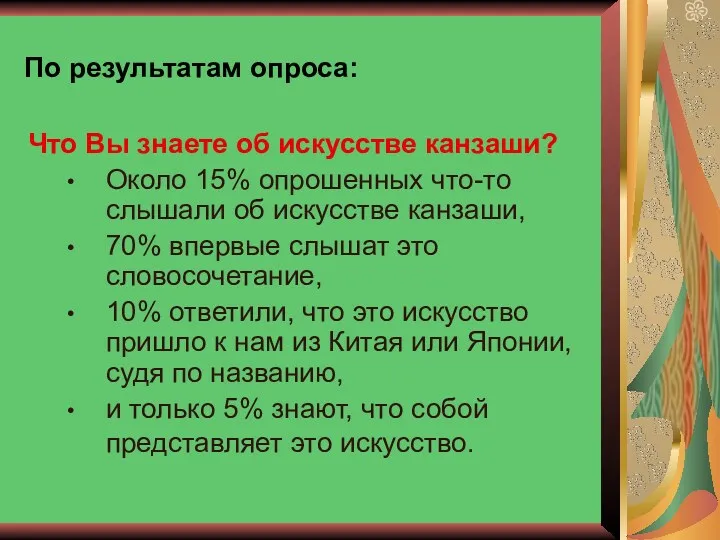 По результатам опроса: Что Вы знаете об искусстве канзаши? Около